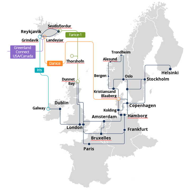 Submarine Cable Systems IRIS FARICE-1 and DANICE connecting Iceland to the rest of Europe